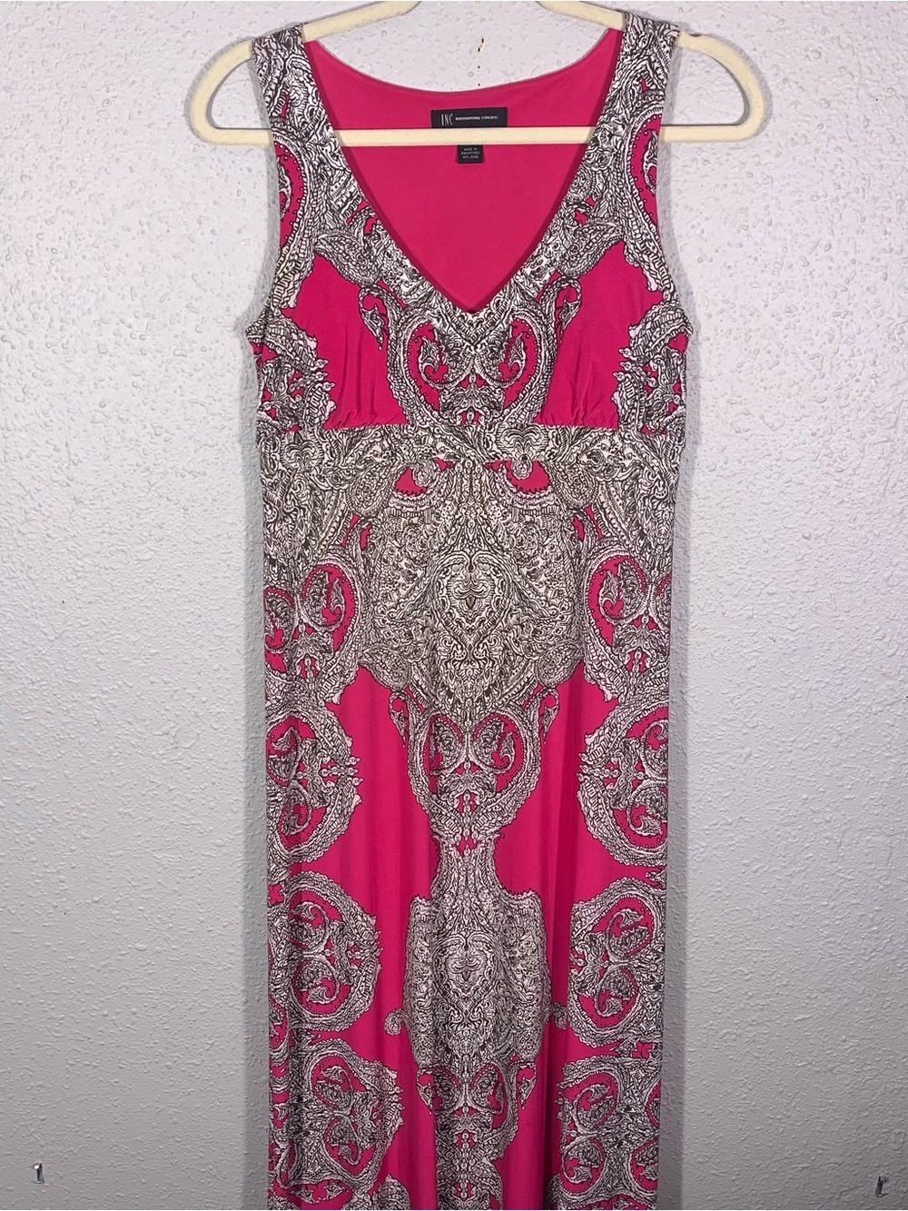 INC by Macy’s Bright Pink w/Brown & White Print V-neck Maxi Dress size M